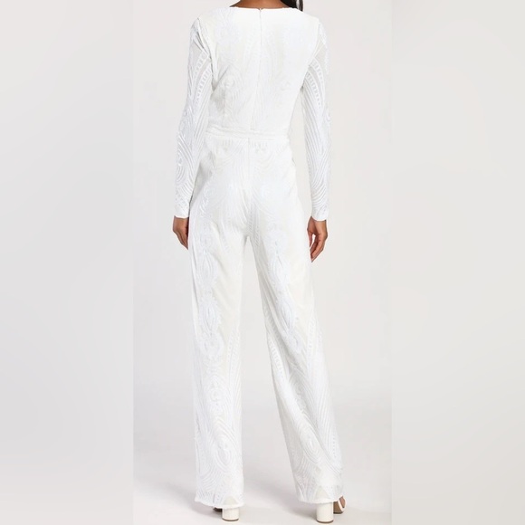 Lulus Magical Muse White Sequin Long Sleeve Wide Leg Jumpsuit Size M - Picture 2 of 6